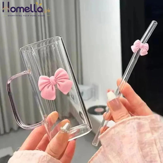 Summer Drinks Household Glasses With Straws Cold Drinks Coffee Cups Bow Mugs Suitable for Girls High-Value Drinking Gifts