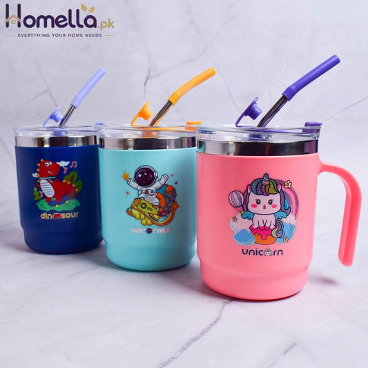 Three colorful mugs with cartoon designs and straws on a light gray background