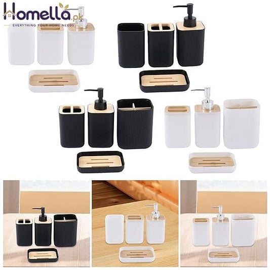 Collection of black and white bathroom accessories with wooden accents on a white background.