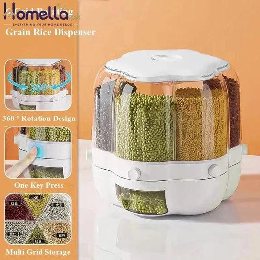 6-grid rotating grain rice dispenser with clear container and white lid on a white surface.