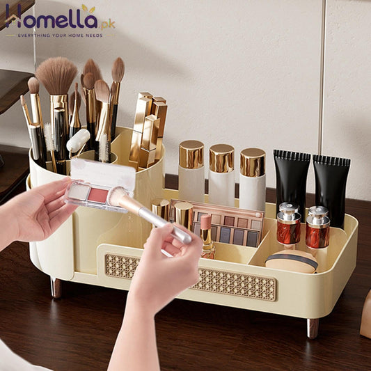 Makeup organizer with various cosmetic items on a wooden surface