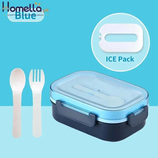 Blue lunch box with ice pack, spoon, and fork on a blue background