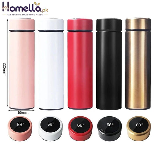 Set of six insulated bottles in different colors with digital temperature displays and dimensions.
