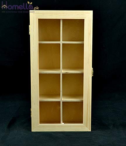 Wooden display cabinet with glass panels on a black background