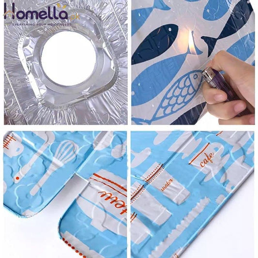 Collage of a clear plastic sheet with cut-out designs, including fish and kitchen utensils, being lit with a lighter.