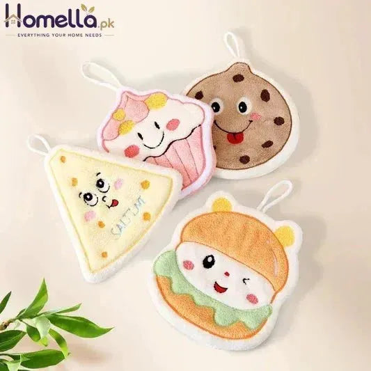 Four cute plush toys shaped like a slice of pizza, cupcake, cookie, and hamburger on a beige background.