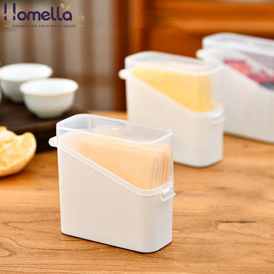 Butter dish with a stack of butter slices on a wooden surface