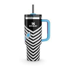 Beanie cup with black and white striped design and blue handle on a white background