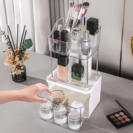 Makeup organizer with various cosmetic items on a table.
