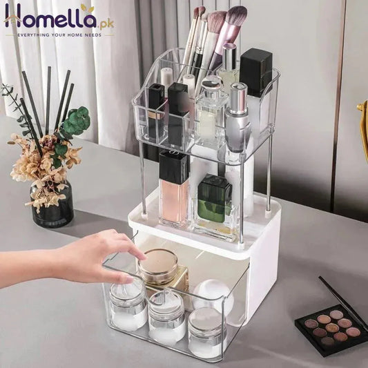 Makeup organizer with various cosmetic items on a table.
