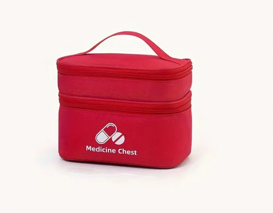 Red medicine chest bag with 'Medicine Chest' text and capsule icons on a white background