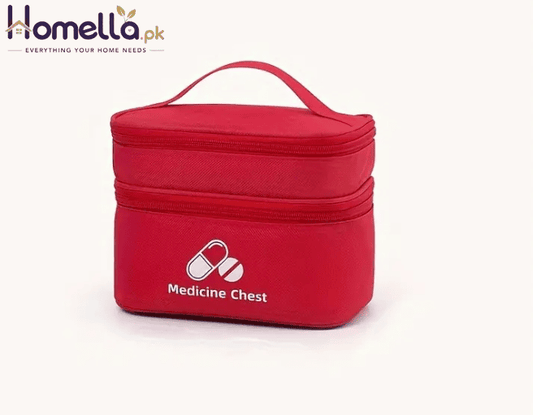 Red medicine chest bag with 'Medicine Chest' text and capsule icons on a white background