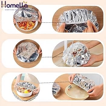 Steps showing how to use aluminum foil for food preparation.