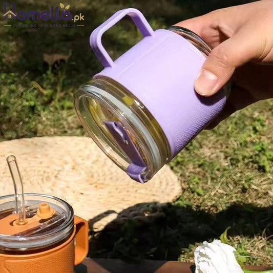 350 ml Glass Sipper Cup With Handle Lip & Straw Leak Proof