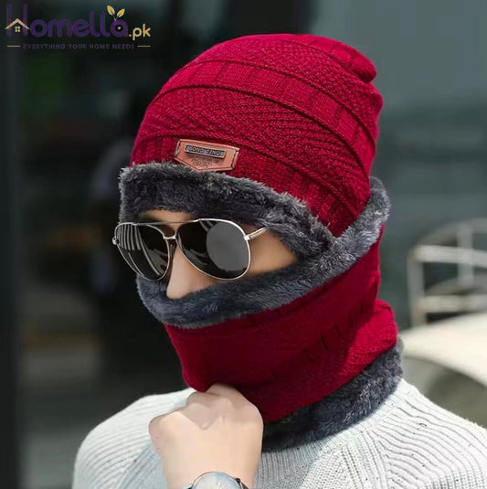 Men Warm Winter Knitted Beanie Hat Thick Knitted Hat Outdoor Riding Hat Warm Thickening Velvet Neck Protect Cap Motorcycle Mask