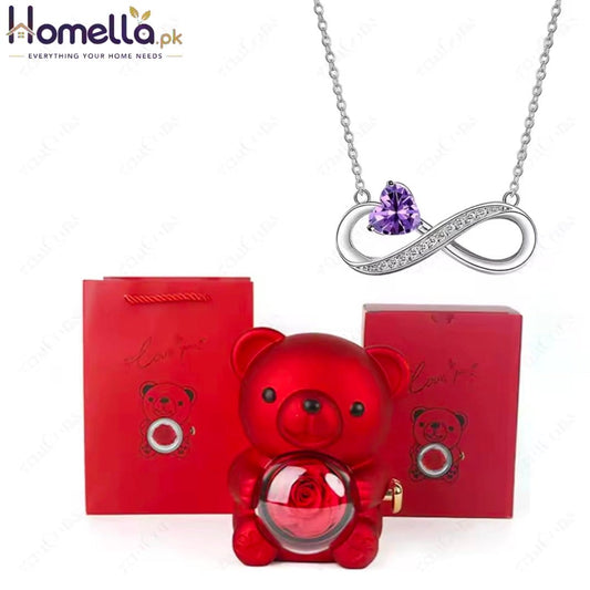 Red Heart Zircon Pendant Necklaces With Cute Bear Rose Gift Box For Women