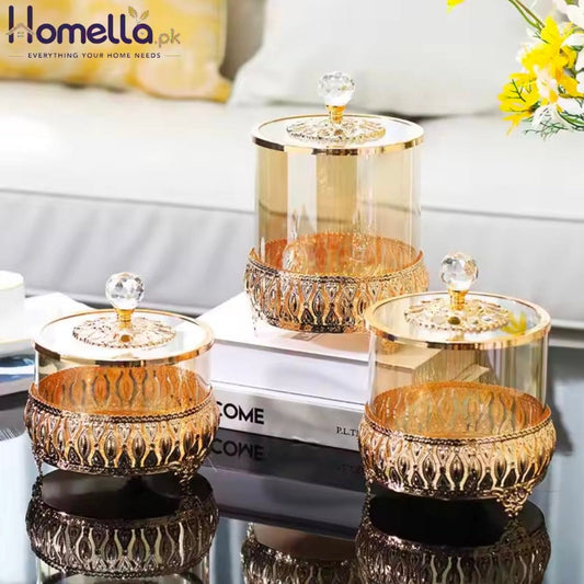 Modern Light Luxury Metal & Glass Candy Jar-Decorative Storage Tank for Living Room Creative Home Decoration With American St