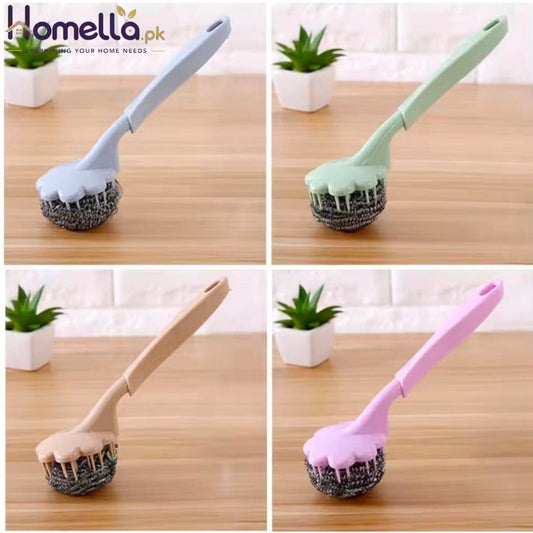Flower Shape Steel Wire Ball Brush Long Handle Metal Scouring Pad Kitchen Bathroom Pan Pot Cleaning Coffee