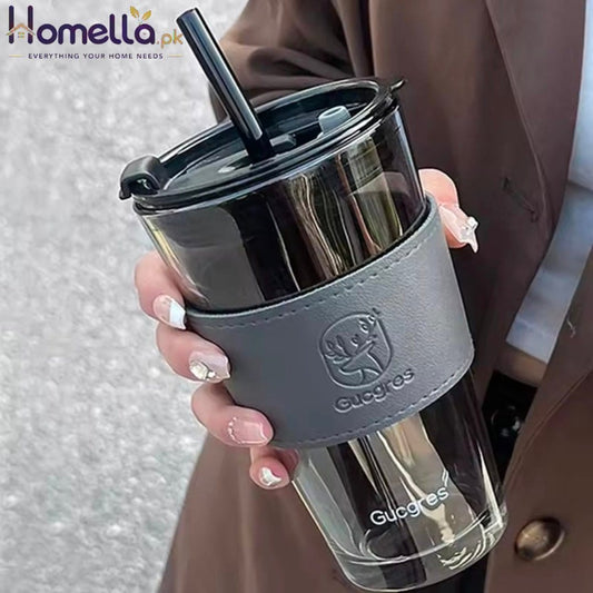 450ML High Beauty Wind Bamboo Glass Cup Summer Straw Large Capacity Women's Straw Cup