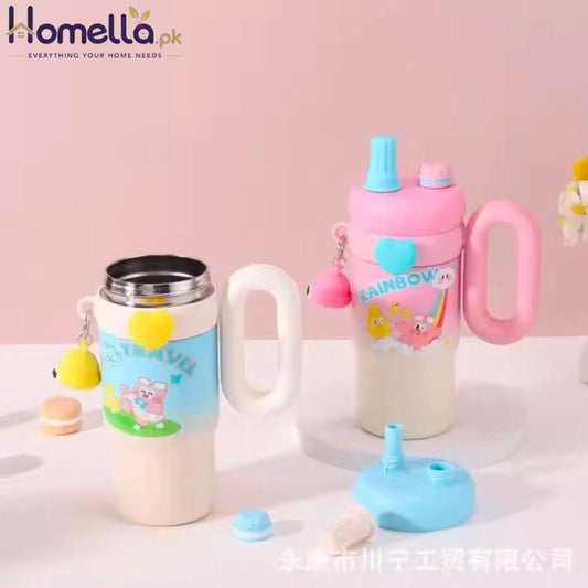 New Cute Cartoon Pattern Large Capacity Stainless Steel Insulated Mug Portable Car Vehicle Cup with Handle Thermal Flask