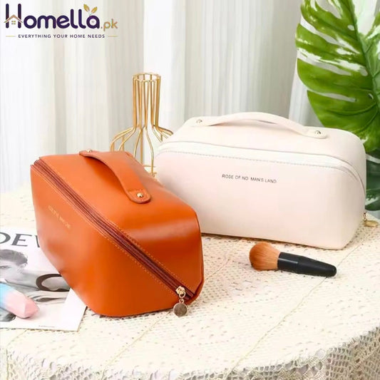 Retro Fashionable Elegant PU Cosmetic Bag Waterproof Travel Handheld Toiletry Bag Simple Solid Color Design Makeup Organizer
