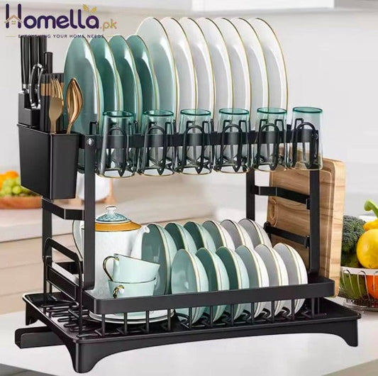 Rust -proof Metal Dish Drainer With Cup Holder Cutlery and Cutting Board Slots -2 Tier Kitchen Countertop Plates Bowls Organizer