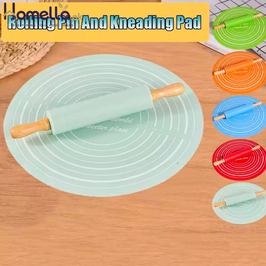 Silicone Dough Mat And Non-stick Rolling Pins Set Kneading Pad Anti-Slip Pastry Boards For Pizza Pastry Bread Baking Tools
