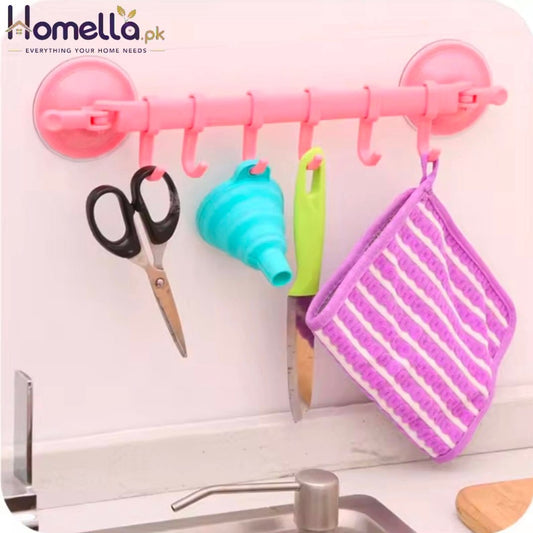 WIKHOSTAR 6 Hooks Towel Rack Suction Cup Hooks Bathroom Organizer Wall-mounted Storage Shelf Kitchen Towel Hanger Rack