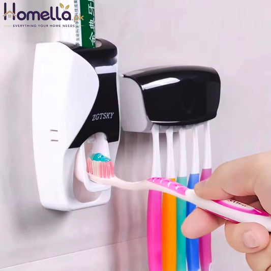 2PCS Automatic Toothpaste Dispenser Wall Mount Dust-proof Toothbrush Holder Wall Mount Bathroom Accessories Set Squeezer