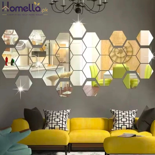 12PCS/Lot Geometric Solid Hexagonal Mirror Wall Stickers DIY With Built-in Adhesive and Removable Home Decoration