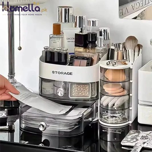 360 Degree Rotating Makeup Brushes Organizer Desk Organizer Cosmetic Storage Box with Drawers Large Capacity Storage Basket