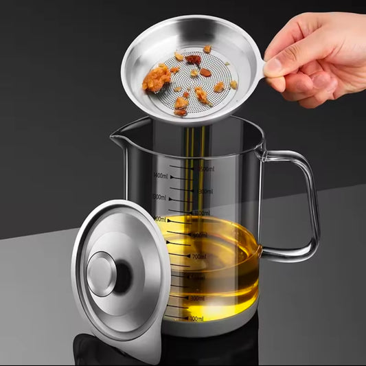 Transparent Glass Oil Filter Pot With Scale Kitchen Oil Separator & Storage Tank With Fine Mesh Strainer Grease Container