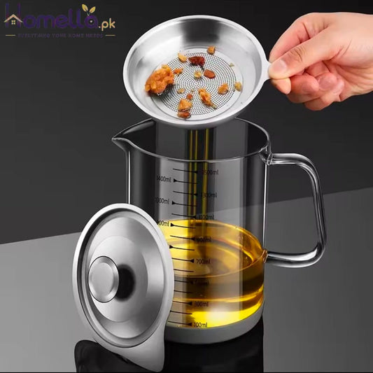 Transparent Glass Oil Filter Pot With Scale Kitchen Oil Separator & Storage Tank With Fine Mesh Strainer Grease Container