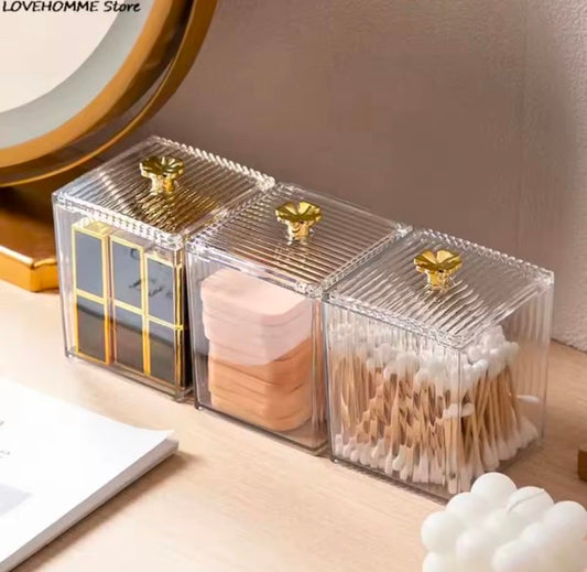 Elegant Minimalist Dustproof Makeup Cotton Swab Storage Box Cosmetic Organizer Desktop Makeup Desk Accessories Plastic Material