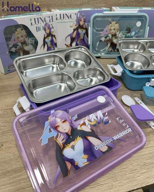 Anime-themed stainless steel lunch box with compartments on a wooden surface