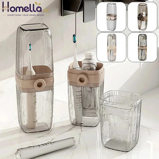 Clear water bottle with beige accents on a marble surface, surrounded by smaller images of the product.