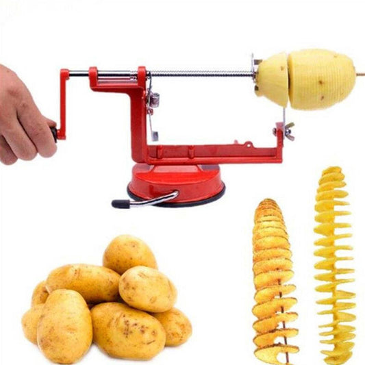 Red potato peeler with potatoes and spiralized potatoes on a white background