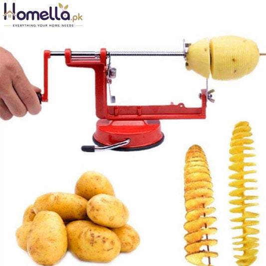 Red potato peeler with potatoes and spiralized potatoes on a white background