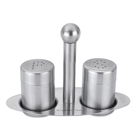Stainless steel salt and pepper shaker set with a holder on a white background