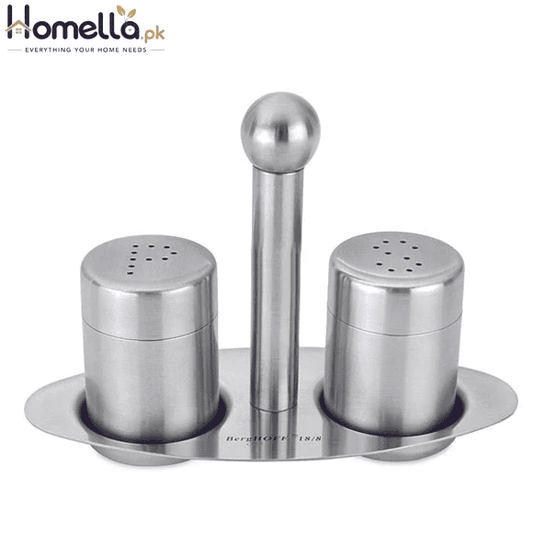 Stainless steel salt and pepper shaker set with a holder on a white background