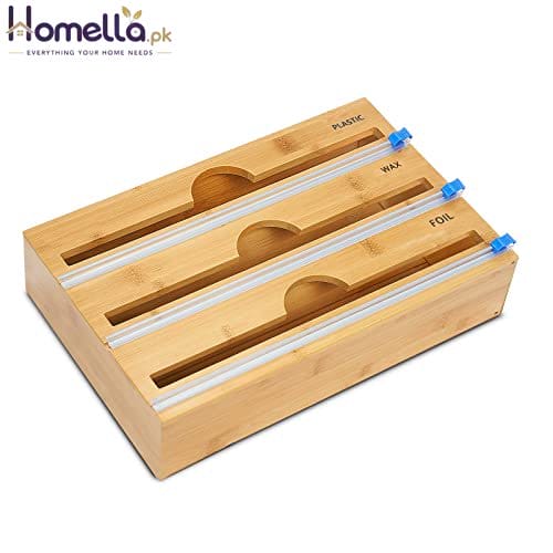 Bamboo cutting board with compartments for plastic, wax paper, and foil on a white background