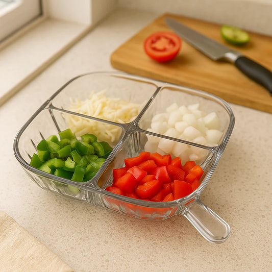 Glass compartmentalized dish with chopped vegetables on a kitchen counter