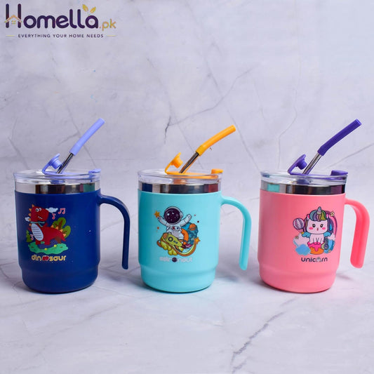 Three colorful children's cups with straws on a marble surface