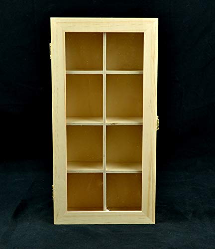 Wooden display cabinet with glass panels on a black background