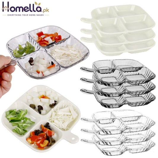 Set of clear plastic compartment trays with food items on a white background