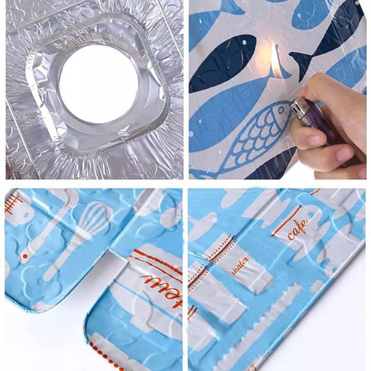 Collage of a clear plastic sheet with cut-out designs, including fish and kitchen utensils, being lit with a lighter.