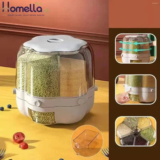 Clear container with compartments filled with different types of grains on a yellow surface.