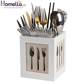 White cube-shaped cutlery holder with silverware on a white background