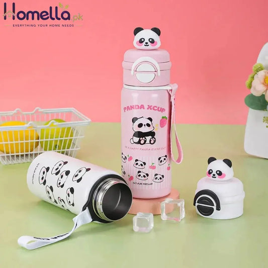 Pink panda-themed water bottle with a matching panda-shaped lid on a green surface.