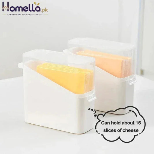 White cheese storage container with sliced cheese on a white background